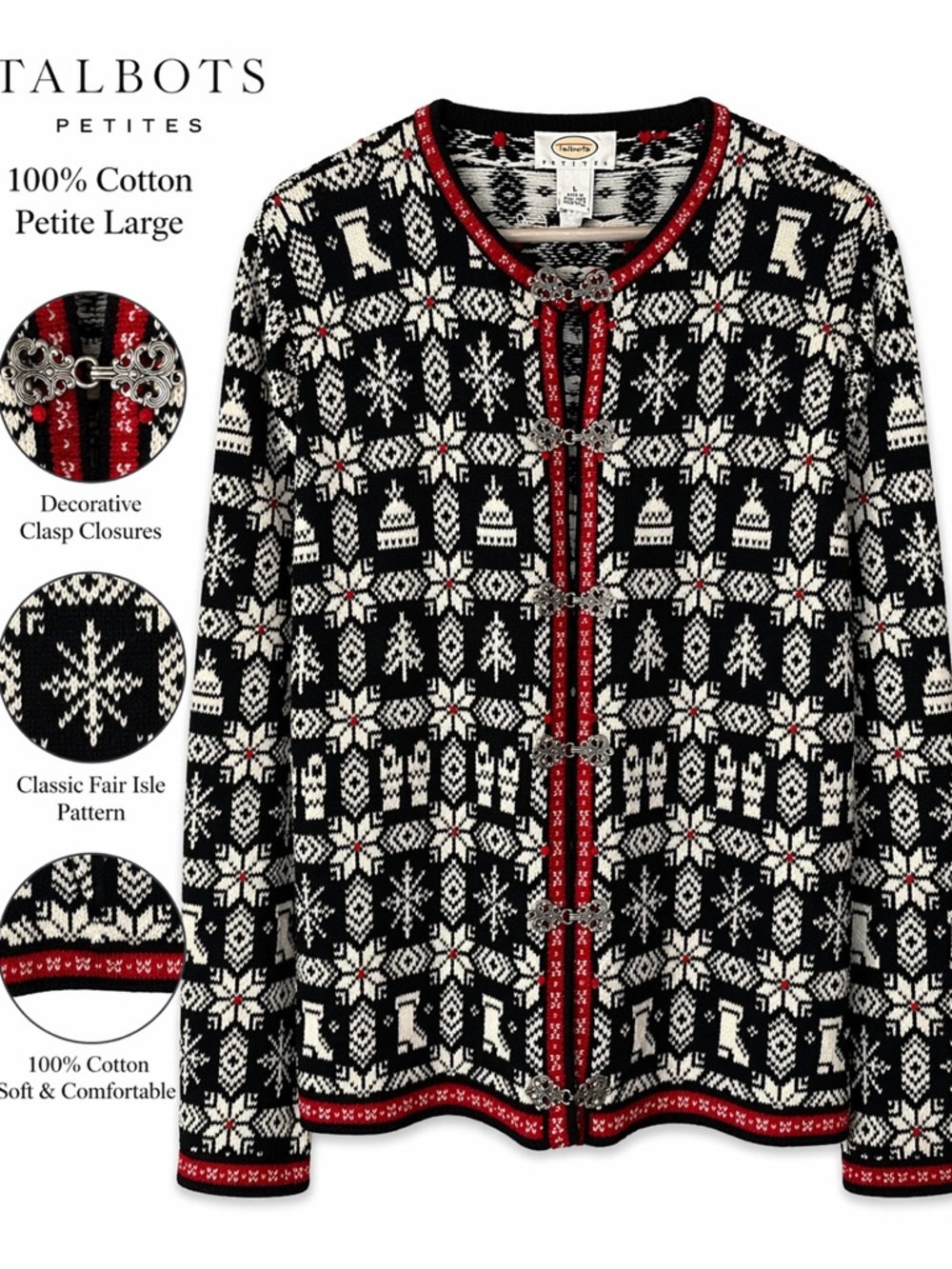 Talbots Petite Fair Isle Nordic Sweater Cardigan Black Red Cotton L